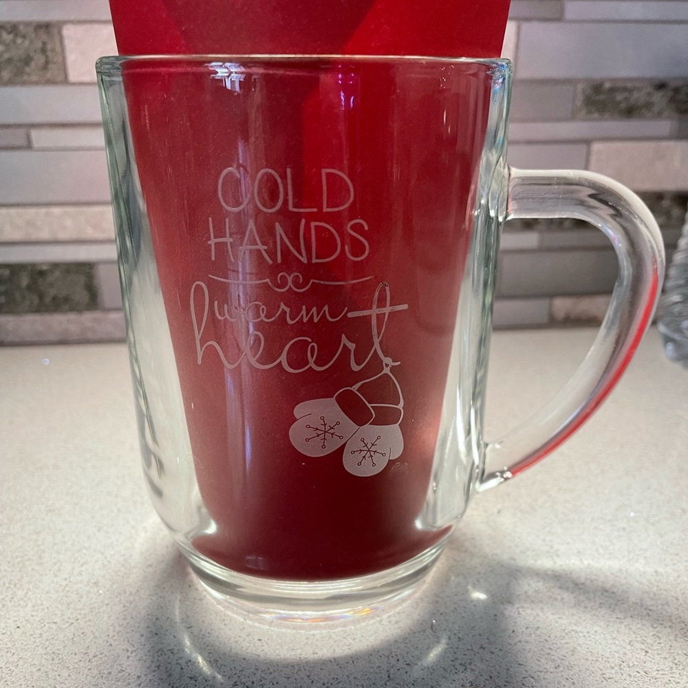 Glass mug, 16oz, NWOT, “Cold hands, warm heart”